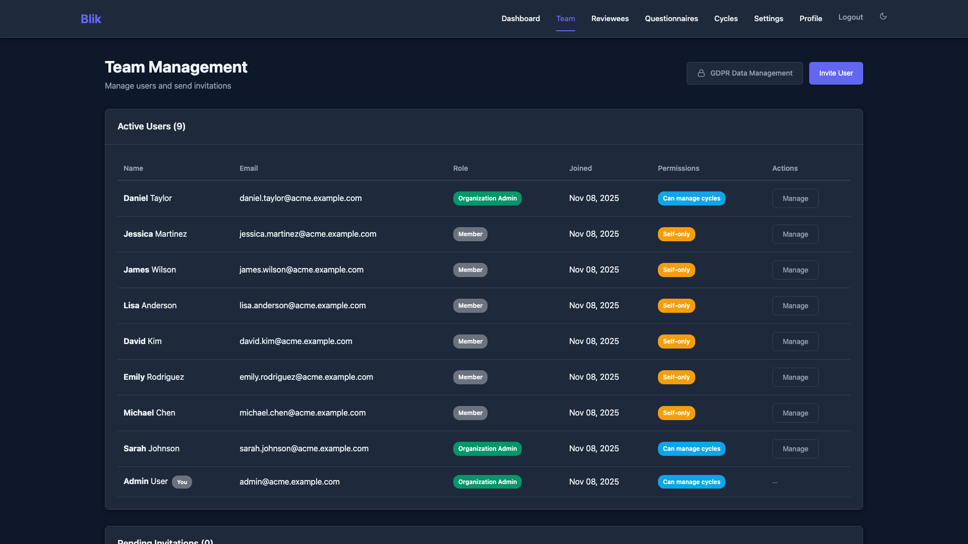 Team Management Interface - Dark Theme