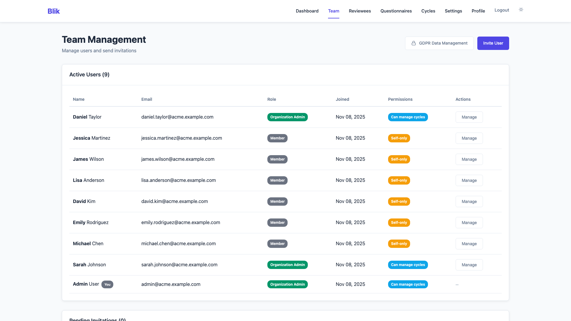 Team Management Interface - Light Theme